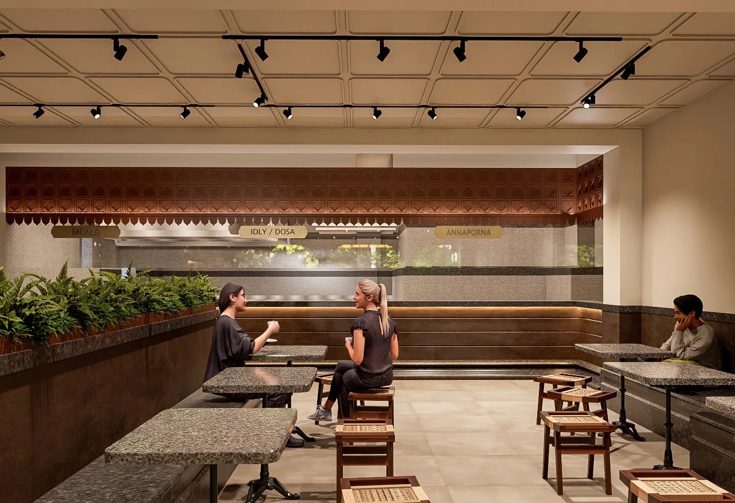 The live counters under a copper fascia: Meals, Idly and Dosa, and Annaporna