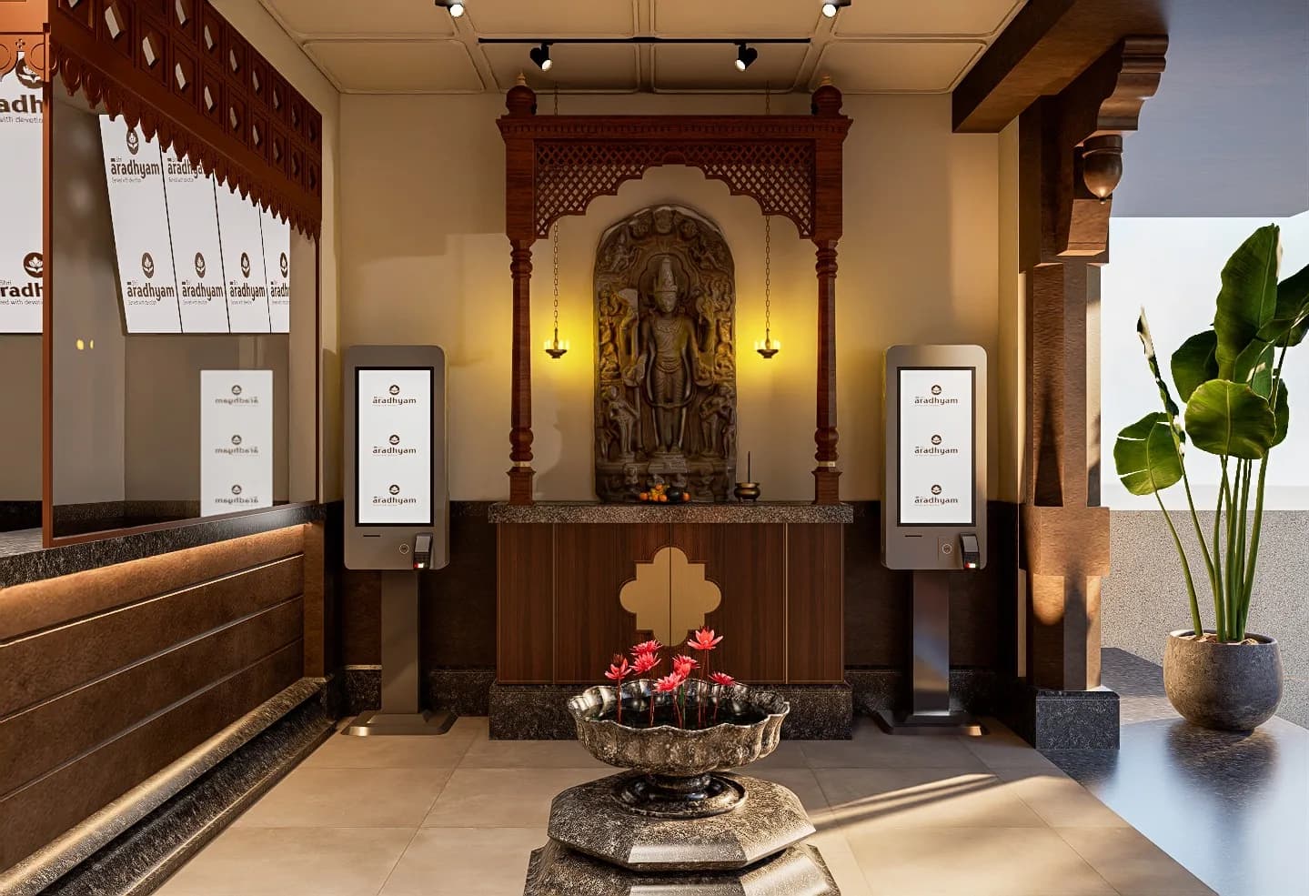 The carved wooden shrine inside the door, a stone deity lit between two hanging lamps, with the ordering kiosks either side